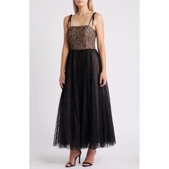 NEW CHELSEA28 Black Nude LACE Sequin Tulle TIE STRAP Party HOLIDAY Maxi DRESS M - Picture 9 of 10